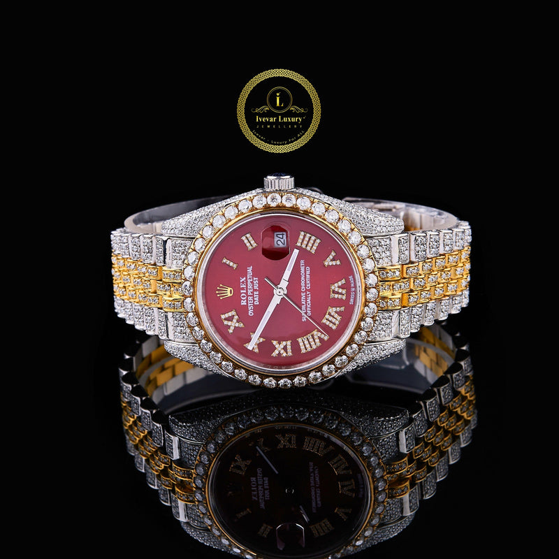 Diamond Iced Two Tone Luxury Bracelet Timepiece with Royal Red Dial Moissanite Diamond By Ivevar