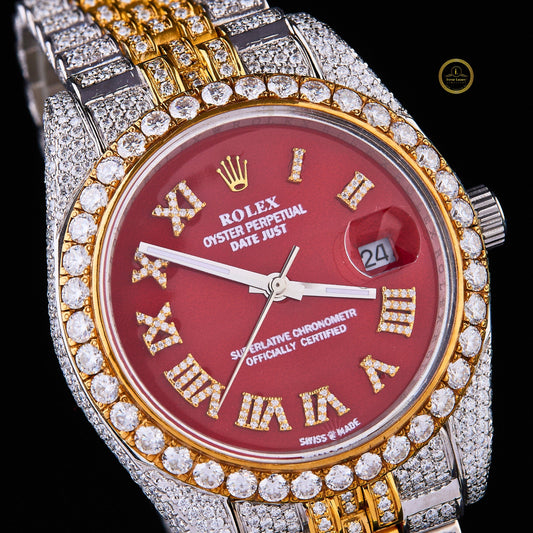 Diamond Iced Two Tone Luxury Bracelet Timepiece with Royal Red Dial Moissanite Diamond By Ivevar