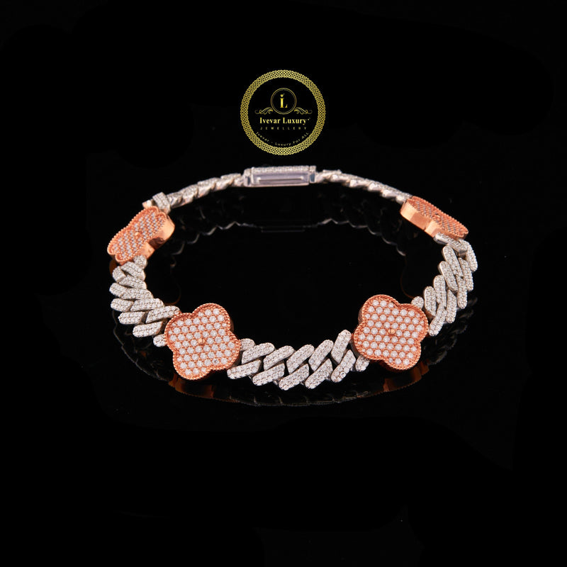 Luxury Two Tone Lab Grown Diamond Cuban Bracelet with Clover Accents Hip Hop Jewelry