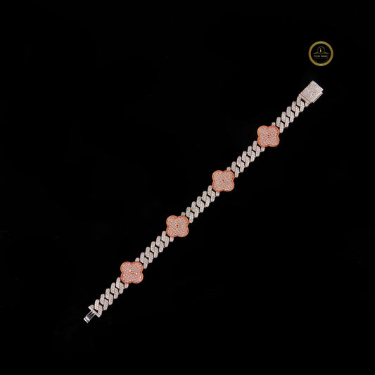 Luxury Two Tone Lab Grown Diamond Cuban Bracelet with Clover Accents Hip Hop Jewelry