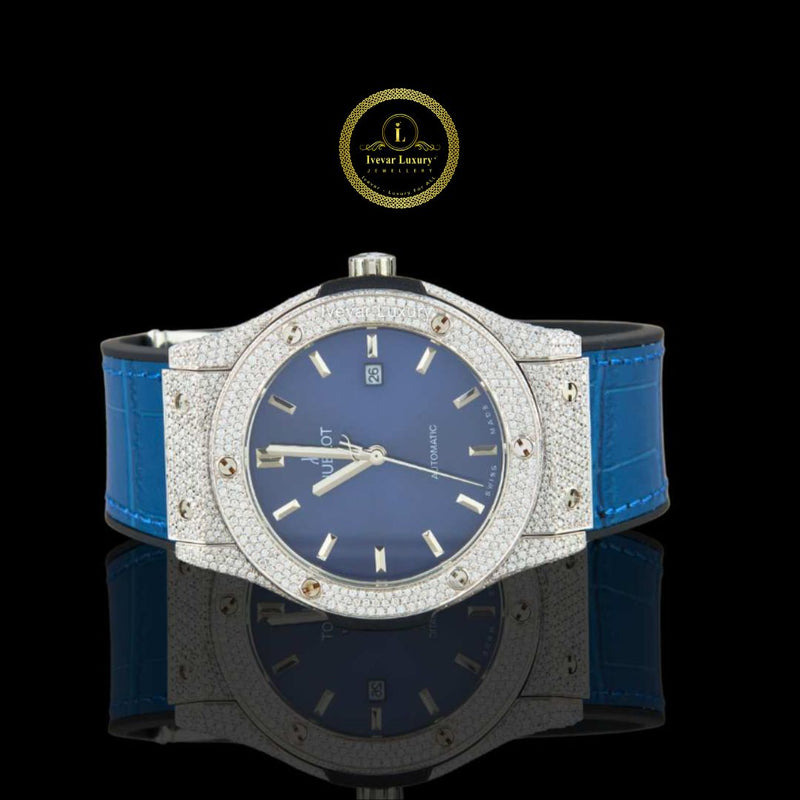 Daring & Refined - Custom Diamond Watch with Contrast Blue Rubber Strap
