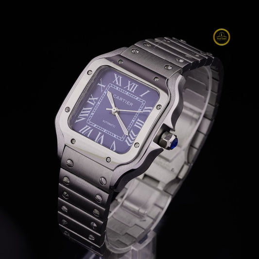 Luxury Square Blue Dial Automatic Watch - Brushed Steel Integrated Bracelet