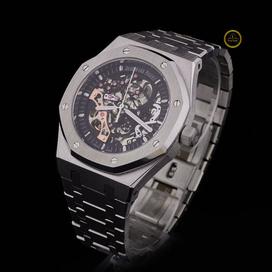 Luxury Skeleton Dial Automatic Watch - Brushed Stainless Steel Integrated Bracelet