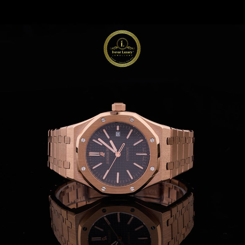 Luxury Rose Gold Automatic Watch Black Textured Dial & Integrated Bracelet