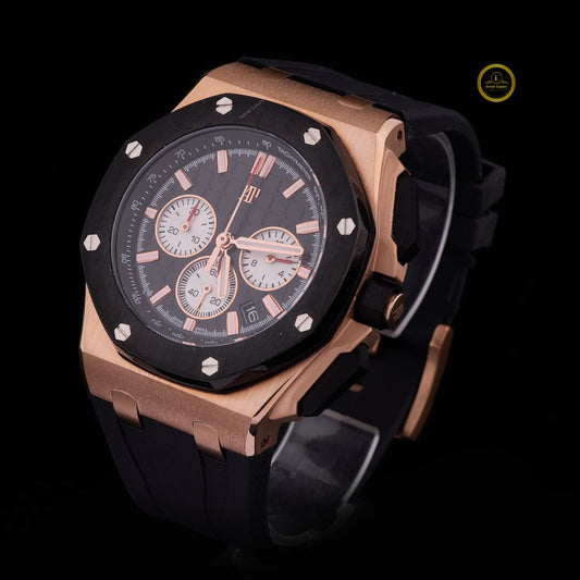 Rose Gold Chronograph Sports Watch - Black Ceramic Bezel & Rubber Strap