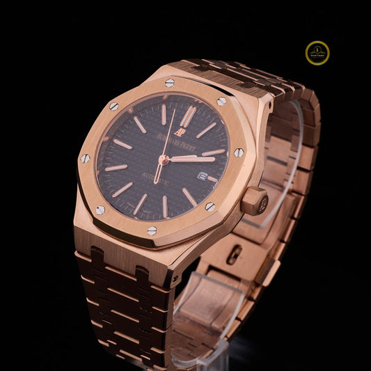 Luxury Rose Gold Automatic Watch Black Textured Dial & Integrated Bracelet