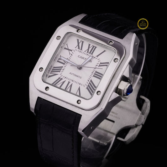 Classic Square Automatic Watch - Silver Case & Black Croc-Effect Leather Strap