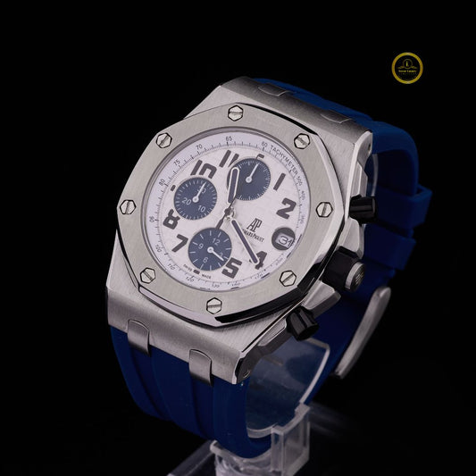 Luxury Steel Chronograph Watch Silver Panda Dial & Royal Blue Rubber Strap