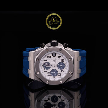 Luxury Steel Chronograph Watch Silver Panda Dial & Royal Blue Rubber Strap