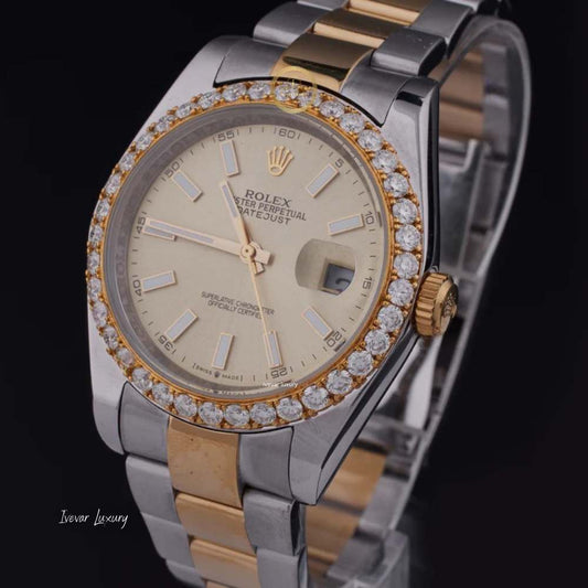 Elegant Two-Tone Stainless Steel and Gold Luxury Watch with Diamond Bezel Champagne Dial, and Date Display