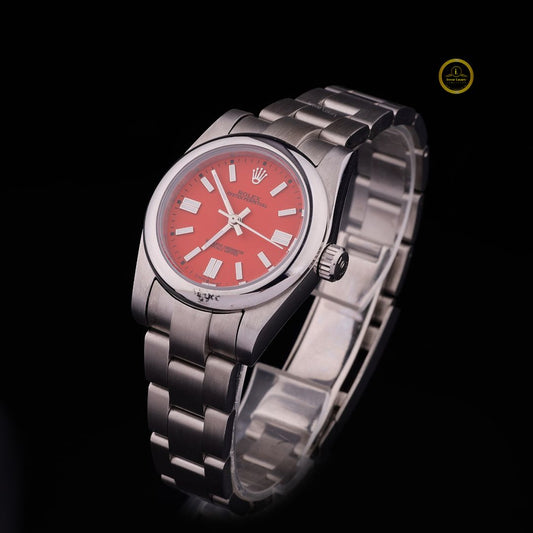 31mm Executive Petite Watch Coral Red Dial with Polished Smooth Bezel & Oyster Bracelet