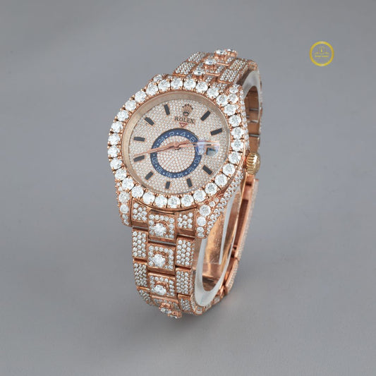 Sophisticated Rose Gold Fully Iced-Out Diamond Luxury Watch with Blue Accent Dial and Date Display