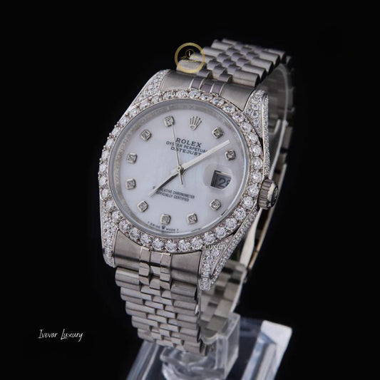 Luxury White Gold Diamond Set Watch Featuring Mother-of-Pearl Face