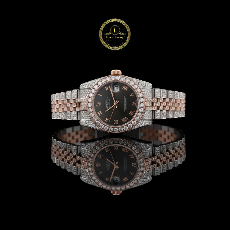 Sustainable Two-Tone Diamond Watch Encrusted Luxury Watch with Black Roman Dial By Ivevar Luxury