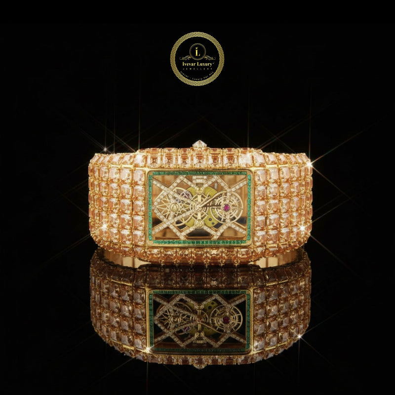 Luxury Iced Out Asscher & Baguette Cut Skeleton Watch – Rose Gold Rectangle Statement Timepiece