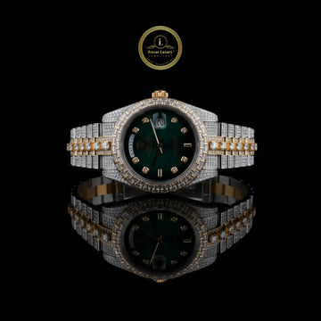 Prestige Emerald Green Dial Diamond-Studded Two-Tone Gold and Silver Luxury Watch with Baguette Bezel and Date Display