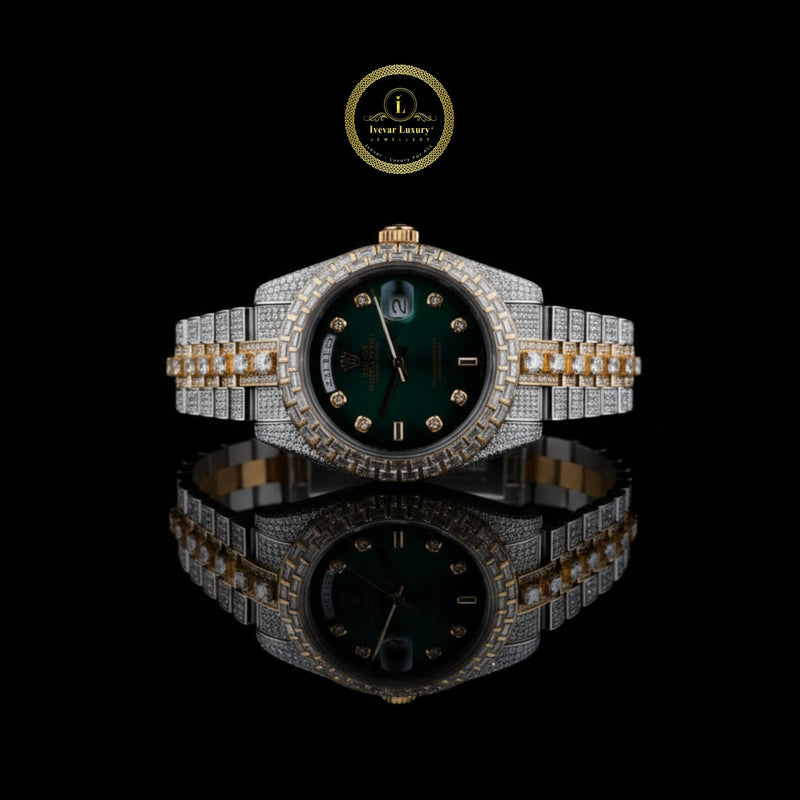 Prestige Emerald Green Dial Diamond-Studded Two-Tone Gold and Silver Luxury Watch with Baguette Bezel and Date Display