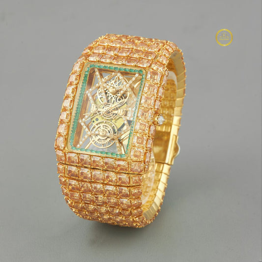 Luxury Iced Out Asscher & Baguette Cut Skeleton Watch – Rose Gold Rectangle Statement Timepiece