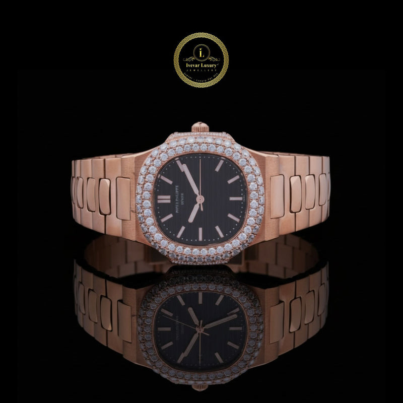 Gold Royalty Diamond Watch – Sleek Black Dial with Iced Bezel Luxury by Ivevar