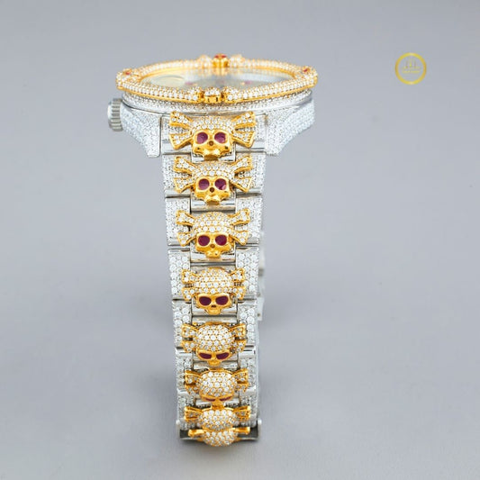 Exquisite Gold and Silver Diamond-Studded Luxury Watch with Pink Baguette Markers, Artistic Dial, and Bow-Link Bracelet Design