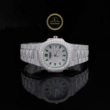 Iced Round Vision Diamond Watch – Fully Custom Luxury Timepiece with Emerald Green Accents Hour Markers and Pave Setting by Ivevar