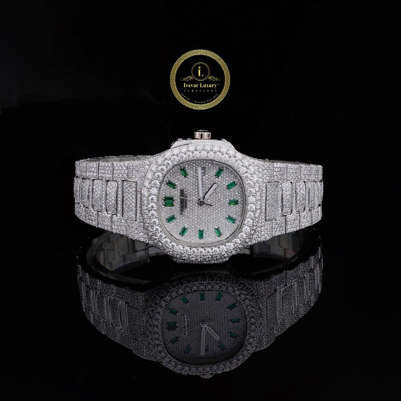 Iced Round Vision Diamond Watch – Fully Custom Luxury Timepiece with Emerald Green Accents Hour Markers and Pave Setting by Ivevar