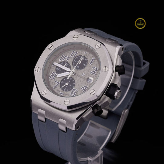 Luxury Slate Grey Chronograph Watch - Steel Case & High-Performance Grey Rubber Strap