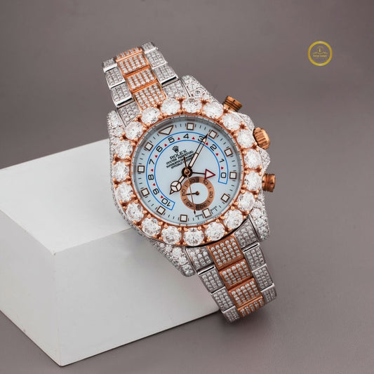 Luxurious Rose Gold and Silver Diamond-Embellished Chronograph Watch with Intricate Pave Setting and Bold Statement Bezel