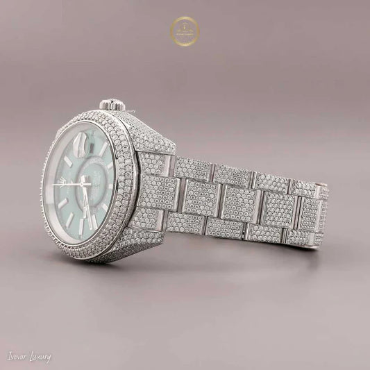 Prestige Iced-Out Silver Diamond Watch Bold Green Face and Date Display For Men