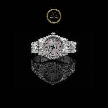 Excellent Fully Iced-Out Diamond Watch Edition with Silver Dial, Red Arabic Numerals, and Custom Diamond Bracelet