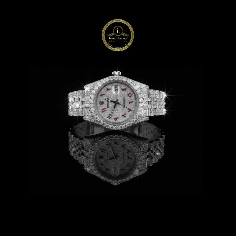 Excellent Fully Iced-Out Diamond Watch Edition with Silver Dial, Red Arabic Numerals, and Custom Diamond Bracelet