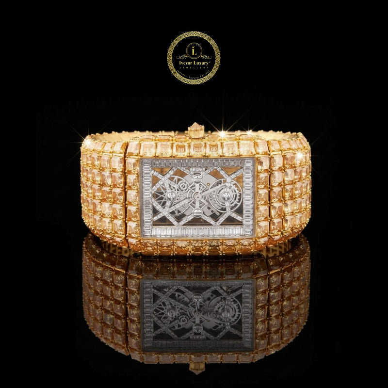 Premium Iced-Out Gold Tone Baguette & Asscher Cut Diamond Watch – Luxury Hip Hop Fashion Timepiece