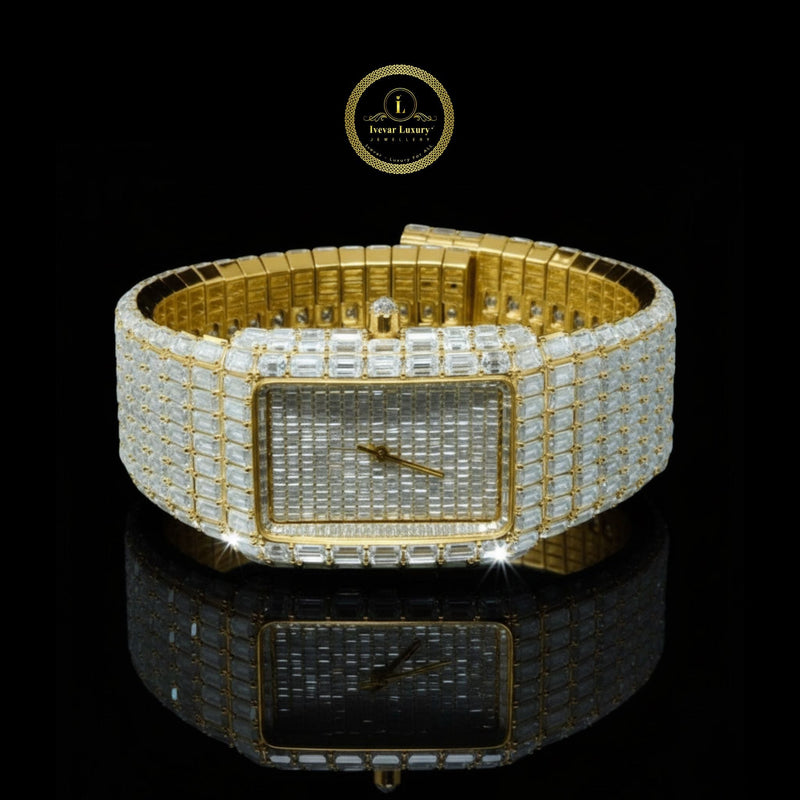 Luxury Iced-Out Gold Watch – Baguette & Asscher Cut Diamond Hip Hop Timepiece