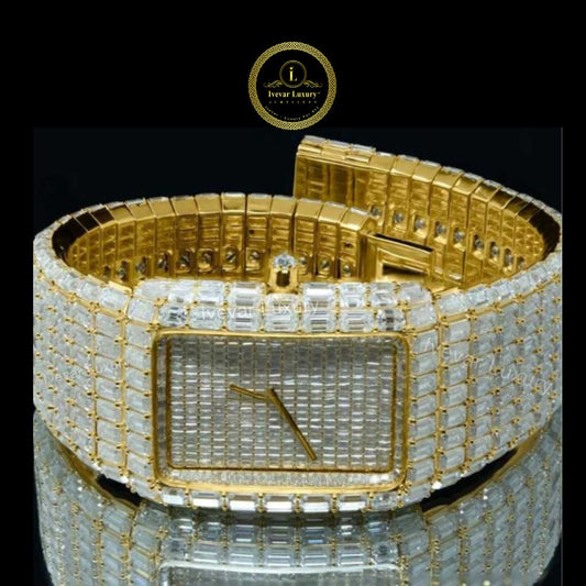 Luxury Iced-Out Gold Watch – Baguette & Asscher Cut Diamond Hip Hop Timepiece