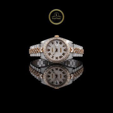 Imperial Gold and Silver Diamond Watch Encrusted Roman Luxury Timepiece with Full Pavé Dial and Baguette-Cut Detailing
