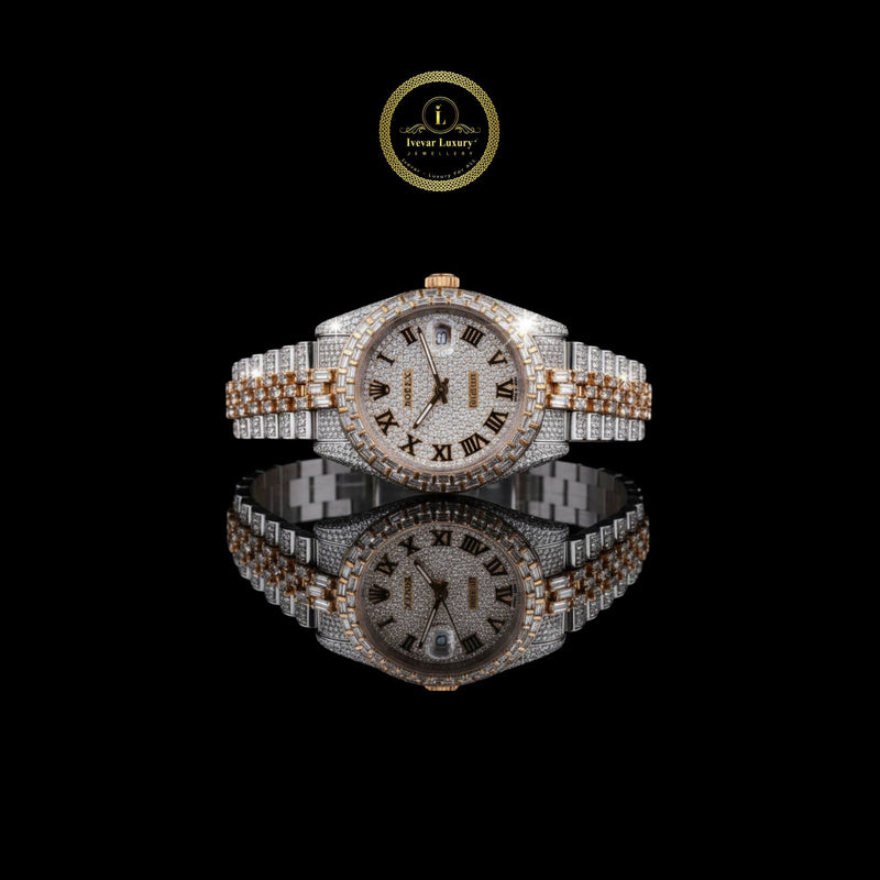 Imperial Gold and Silver Diamond Watch Encrusted Roman Luxury Timepiece with Full Pavé Dial and Baguette-Cut Detailing
