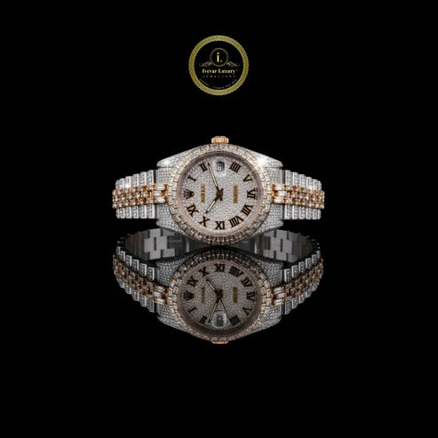 Executive Black Stainless Steel And Full Ice Out Moissanite Diamond Two Tone Luxury Watch Set For Men's