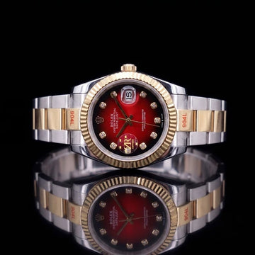 Red Sunburst Diamond Dial Two-Tone Automatic Date Watch