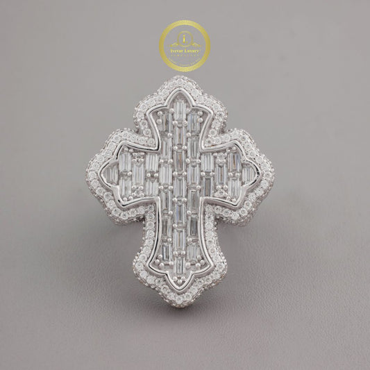 1.70 CT Intricately Crafted Baguette Lab Diamond Cross Pendant with Sparkling Pave Halo Detailing
