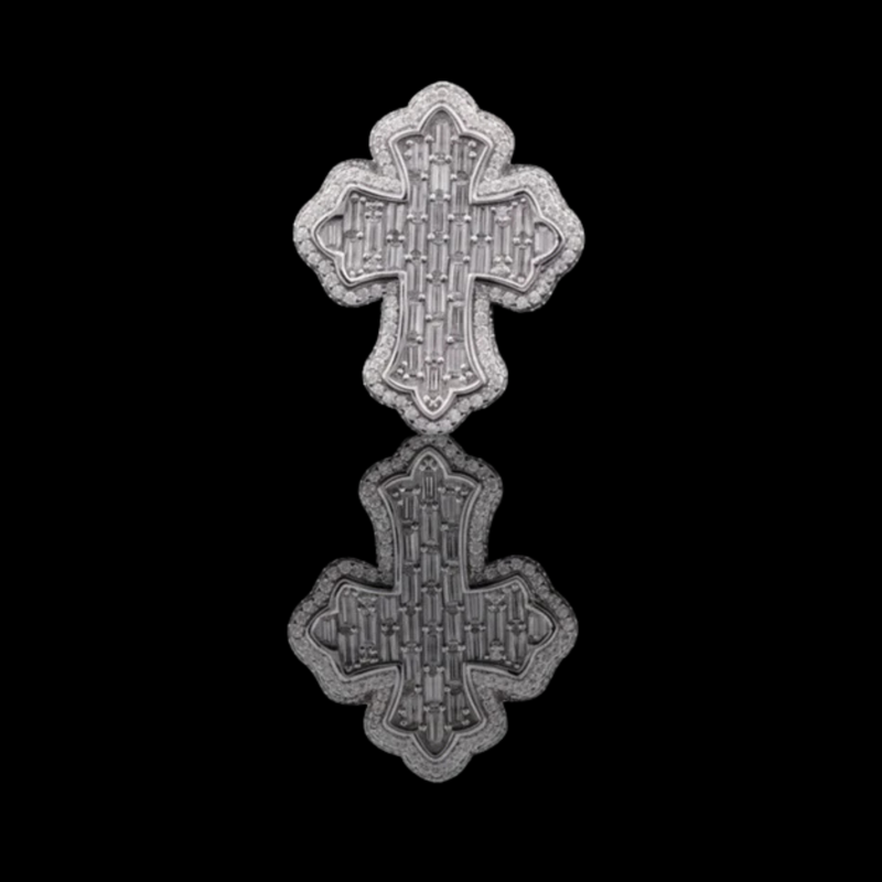 1.70 CT Intricately Crafted Baguette Moissanite Diamond Cross Pendant with Sparkling Pave Halo Detailing