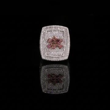 2.70 TCW Exquisite Round Moissanite Diamond Statement Ring Featuring Pave Diamonds & Vibrant Pink Floral as a Centerpiece