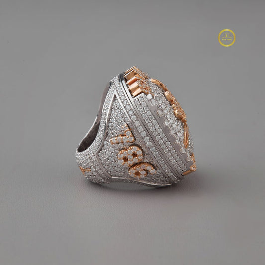 5.30 TCW Majestic Moissanite Diamond Encrusted Islamic Calligraphy Statement Ring with Emerald Halo Detailing