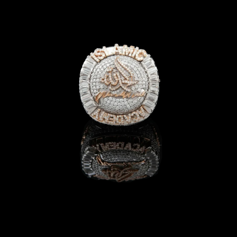 5.30 TCW Majestic Moissanite Diamond Encrusted Islamic Calligraphy Statement Ring with Emerald Halo Detailing