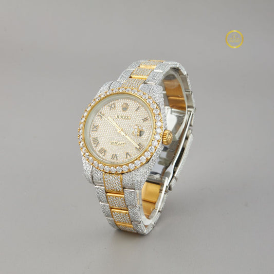 Luxury Fully Iced Gold & Silver Diamond Watch with Classic Roman Dial By Ivevar Luxury