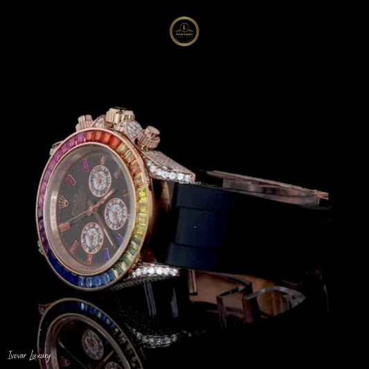 Custom Luxury Chronograph Timepiece with Multicolor Rainbow Gemstone Bezel, Black Dial,Diamond Watch -Accented Case, and Precision Subdials