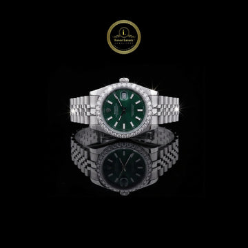 Prestige Silver Timepiece with Emerald Green Dial Diamond Bezel and Jubilee Bracelet watch
