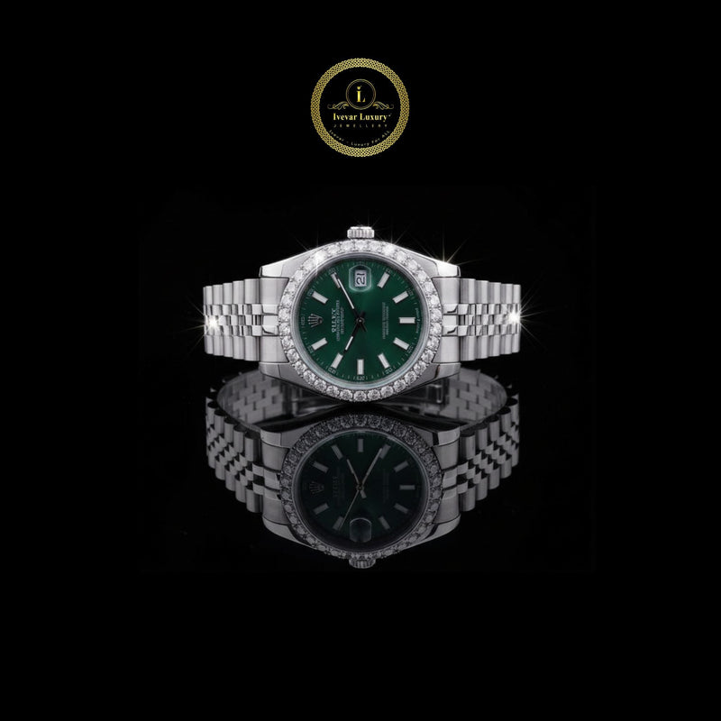 Prestige Silver Timepiece with Emerald Green Dial Diamond Bezel and Jubilee Bracelet watch