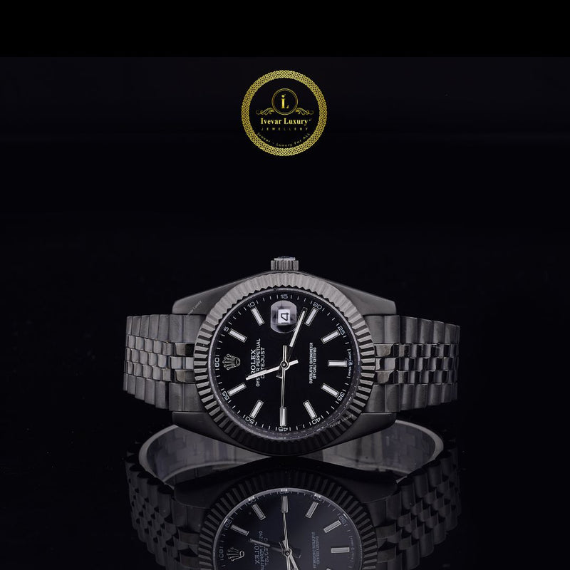 Elite Stealth Executive Watch – Matte Black PVD Finish with Fluted Bezel & Jubilee Bracelet