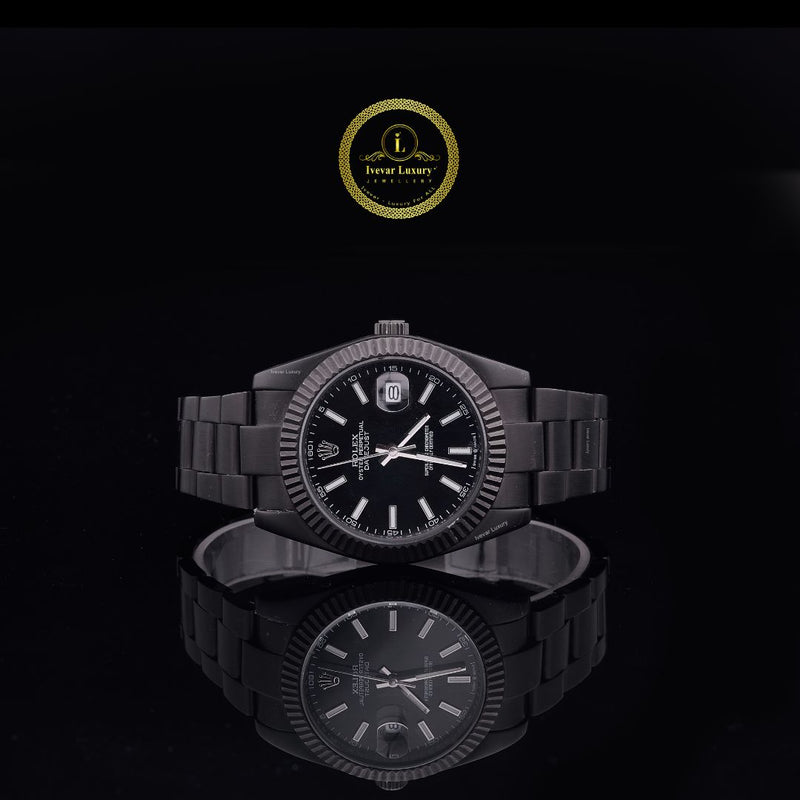 Stealth Executive Watch – Matte Black PVD Finish with Fluted Bezel & Oyster-Style Bracelet