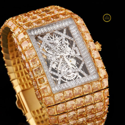 Premium Iced-Out Gold Tone Baguette & Asscher Cut Diamond Watch – Luxury Hip Hop Fashion Timepiece